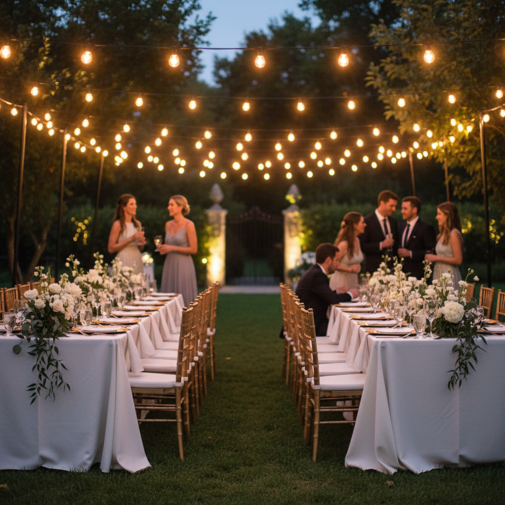 Outdoor evening event with string lights, tables set for dinner, and people mingling.