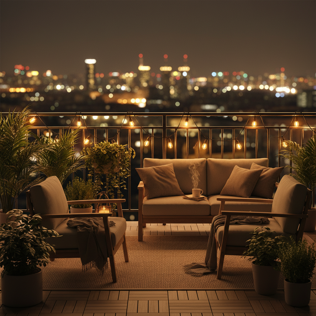 Outdoor evening setting with a couch, chairs, and plants on a balcony with city lights in the background.