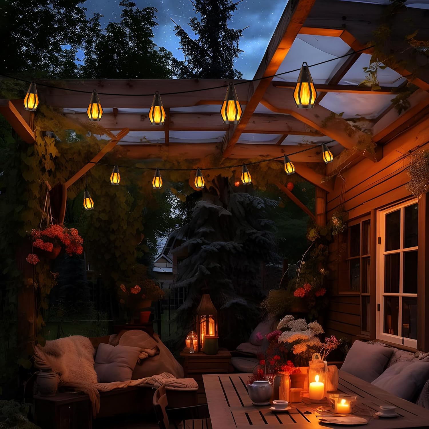 Outdoor evening setting with a wooden pergola, candles, and flowers.
