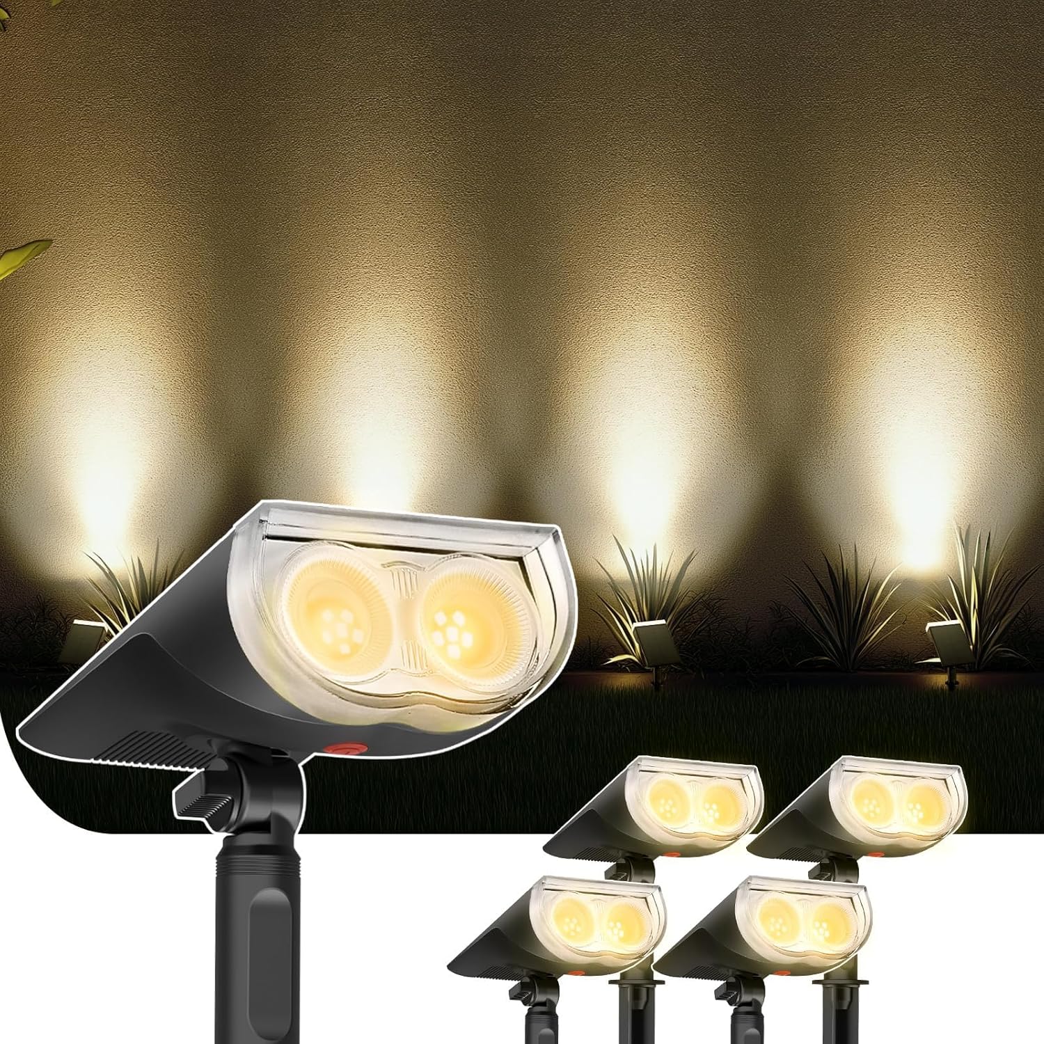Outdoor floodlights illuminating a garden with plants in the background