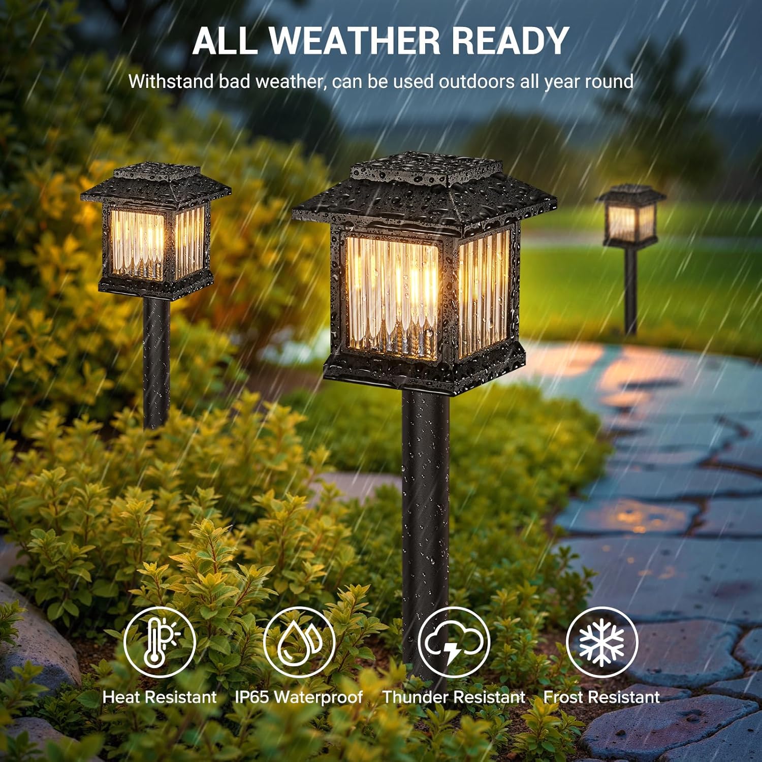 Outdoor garden lights with rain protection features in a garden setting.