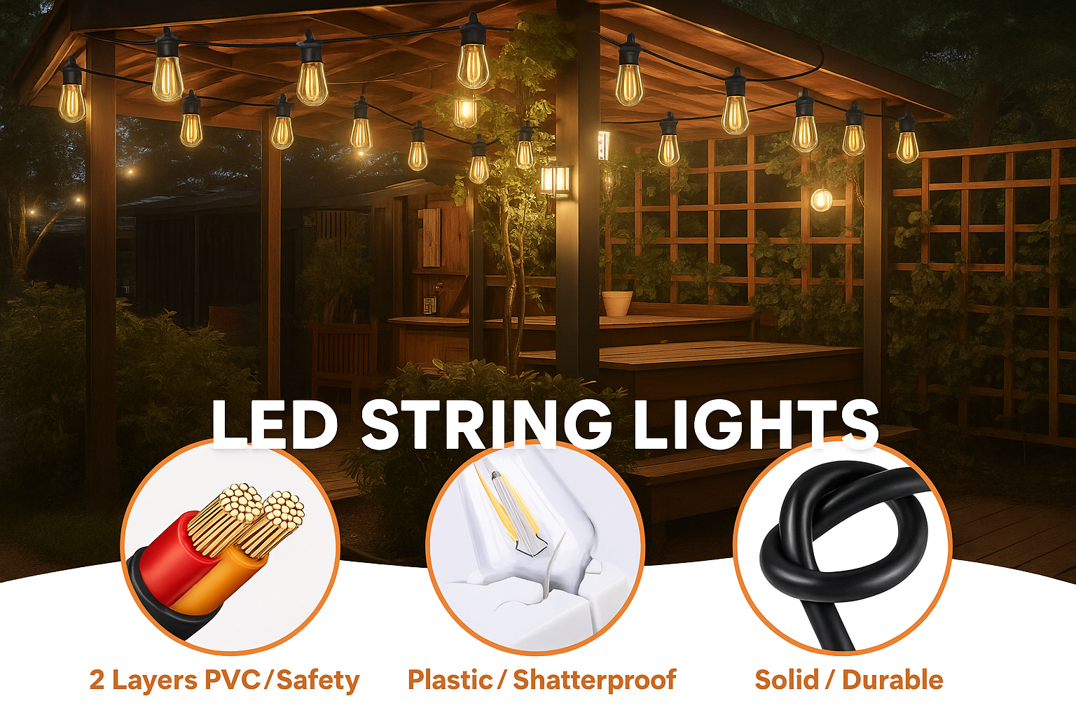 Outdoor gazebo with LED string lights and product features displayed.
