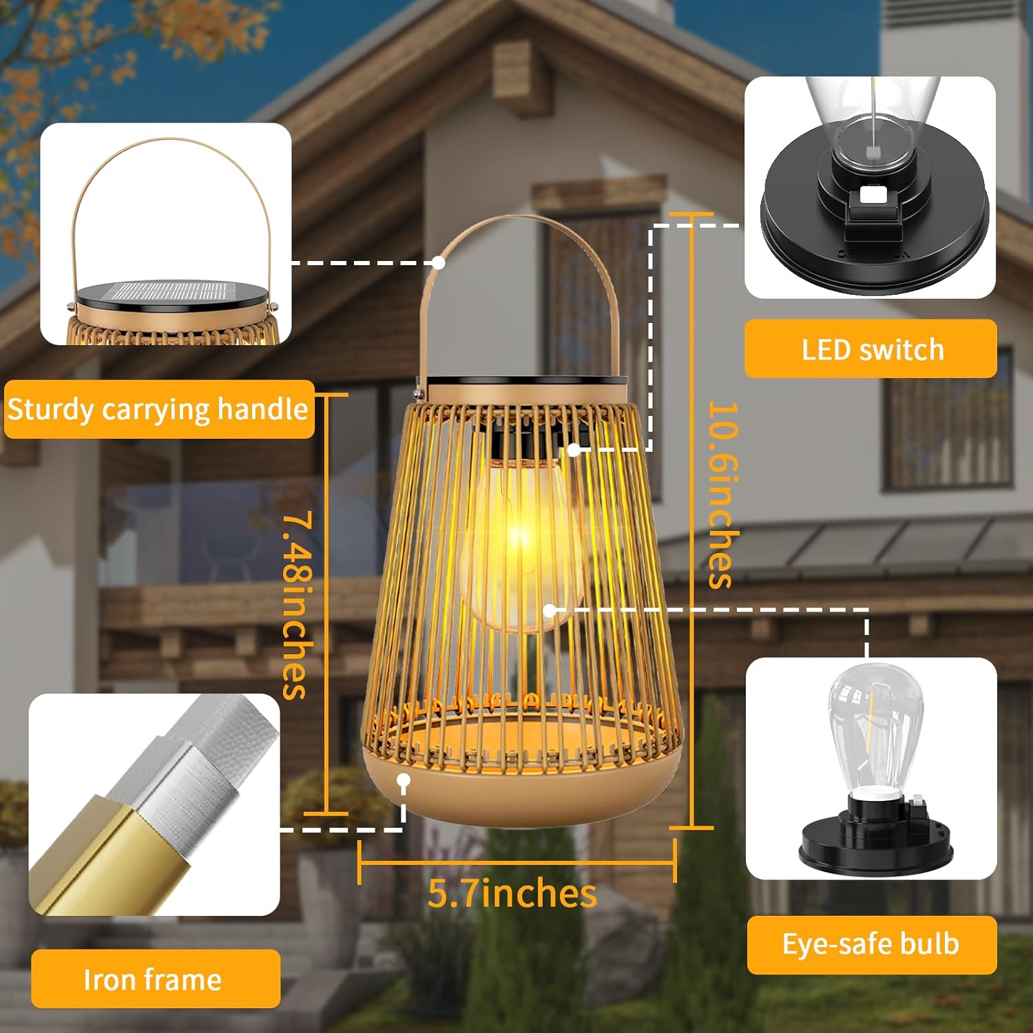 Outdoor lamp with features highlighted, including LED switch, eye-safe bulb, and iron frame, set against a house background.