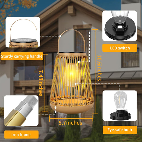 Outdoor lamp with features highlighted, including LED switch, eye-safe bulb, and iron frame, set against a house background.