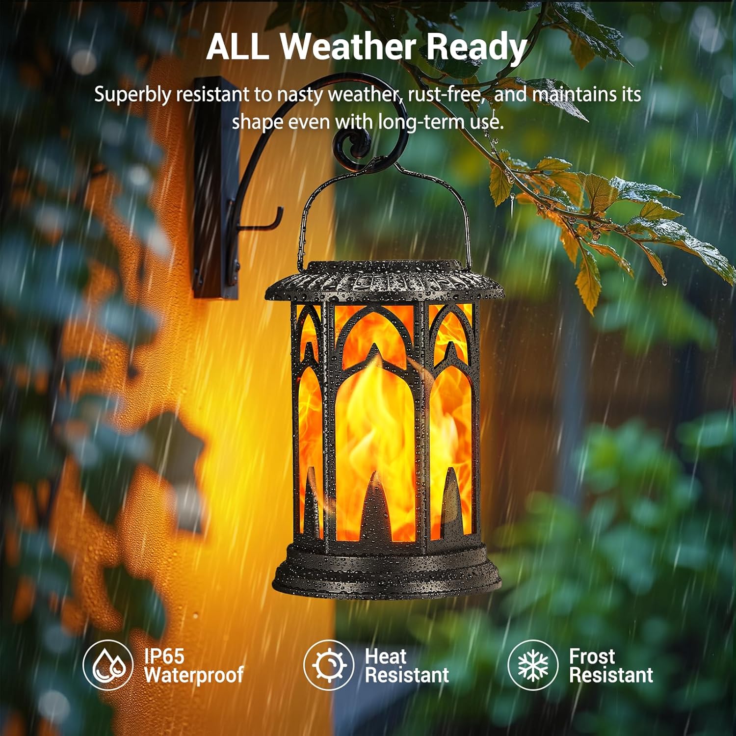Outdoor lantern with decorative design, surrounded by foliage, with text highlighting its weather resistance.