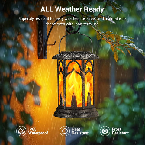 Outdoor lantern with decorative design, surrounded by foliage, with text highlighting its weather resistance.