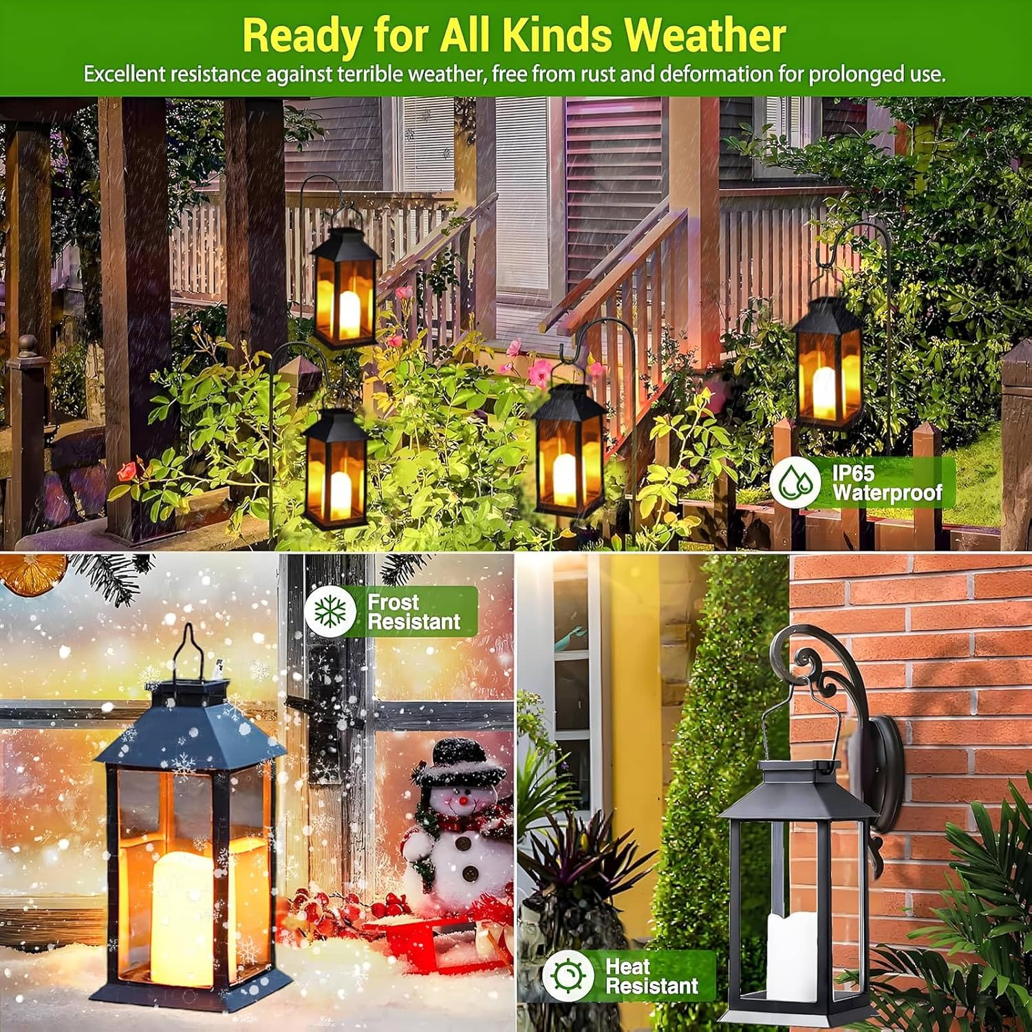 Outdoor lanterns with weather resistance features in various settings.
