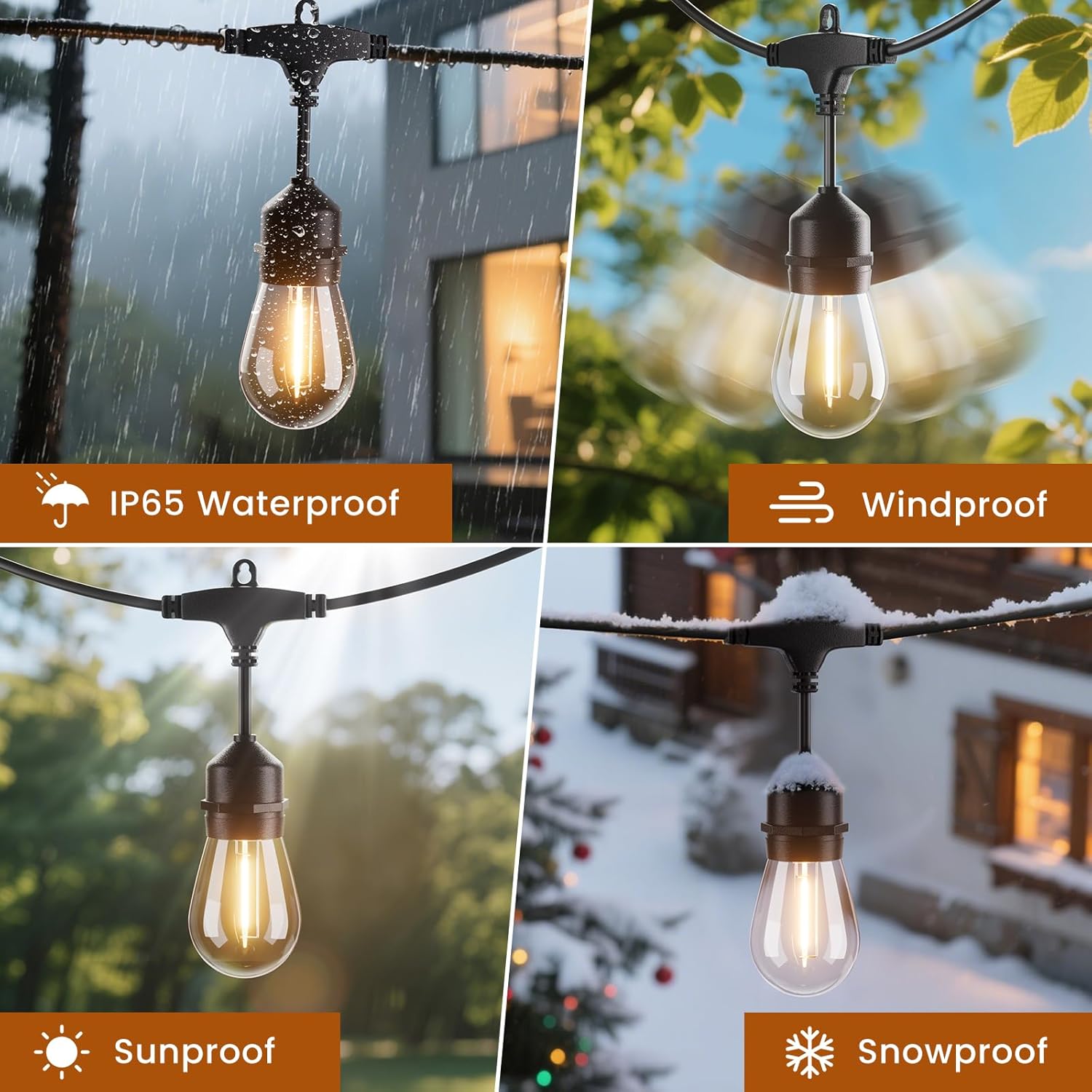 Outdoor light bulb with waterproof, windproof, sunproof, and snowproof features in various weather conditions.