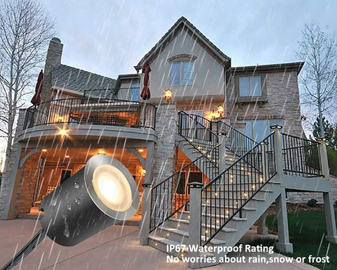 Outdoor light fixture on a house exterior with rain effects, emphasizing waterproof rating.