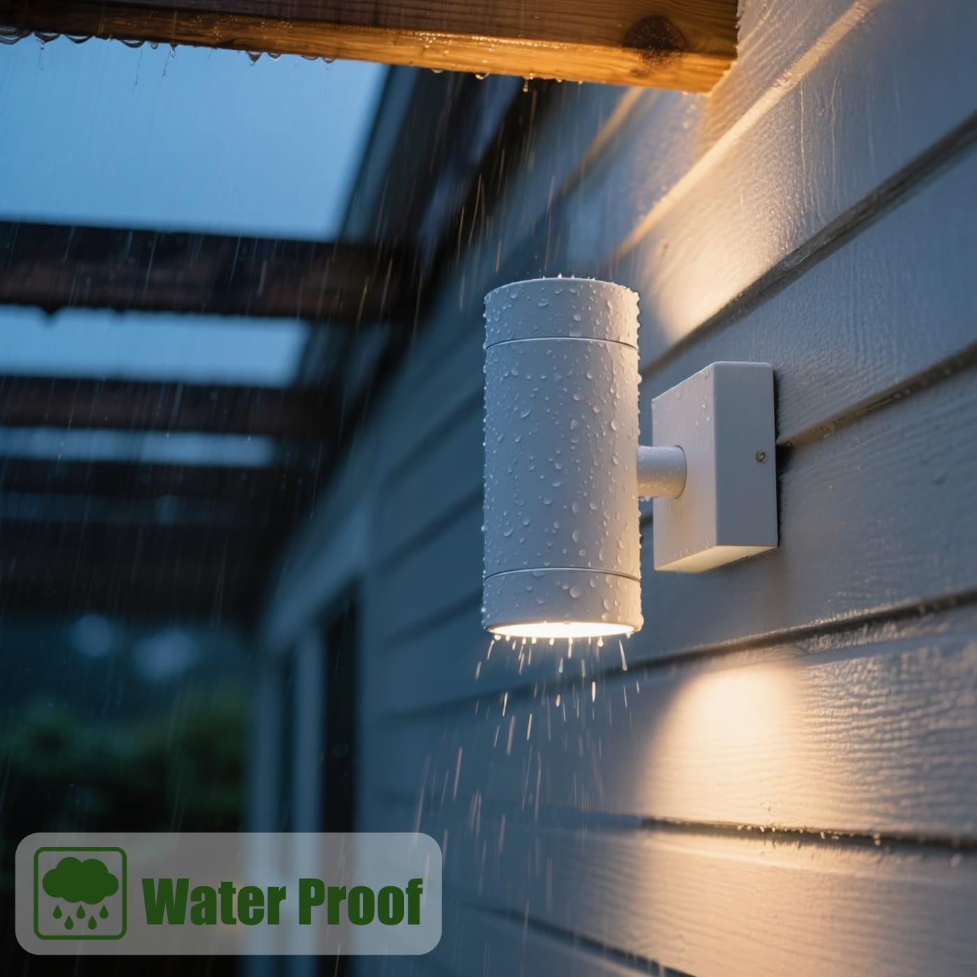 Outdoor light fixture on a house exterior with raindrops, labeled 'Water Proof'.