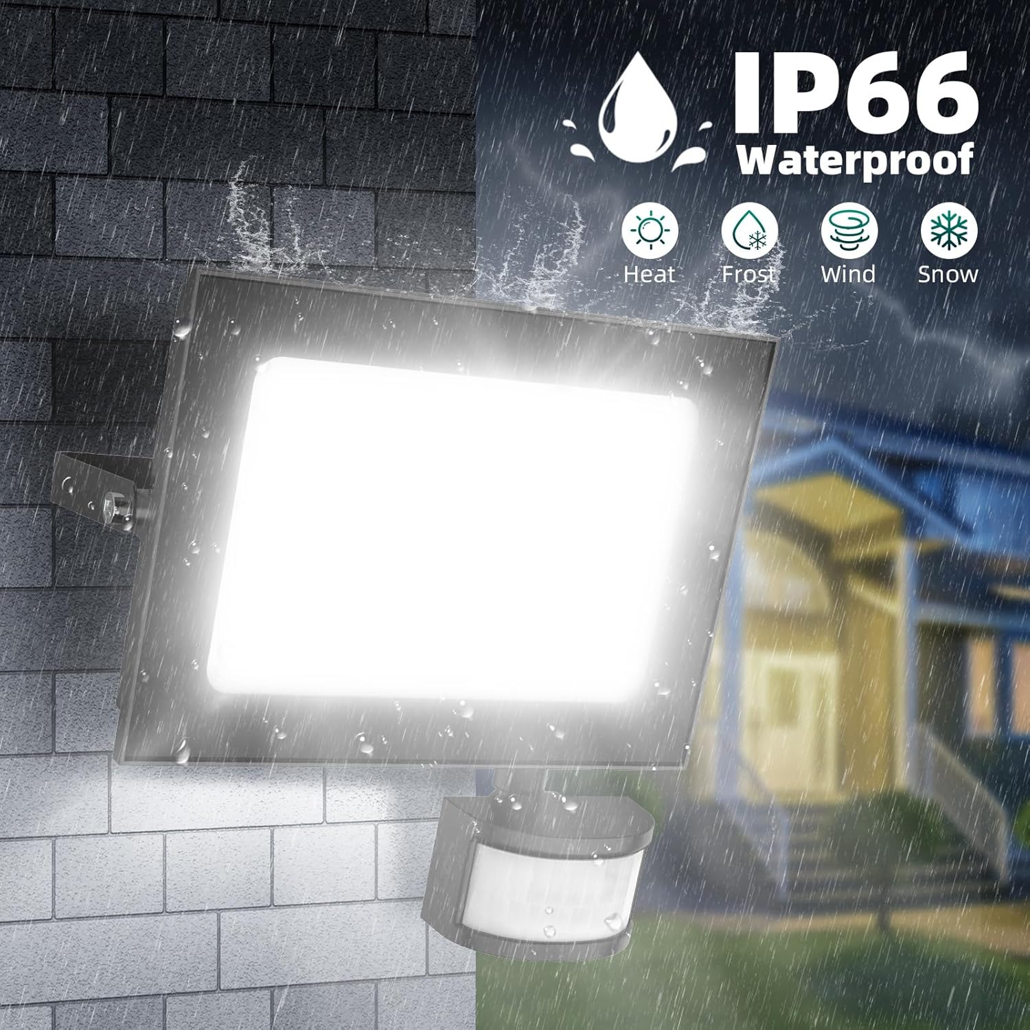 Outdoor light fixture on a roof with rain and snow effects, emphasizing IP66 waterproof rating.