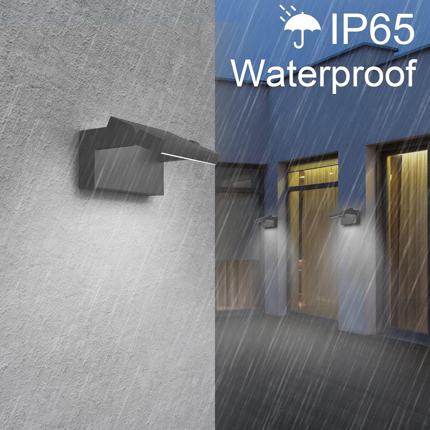 Outdoor light fixture on a textured wall with rain effect and 'IP65 Waterproof' text.