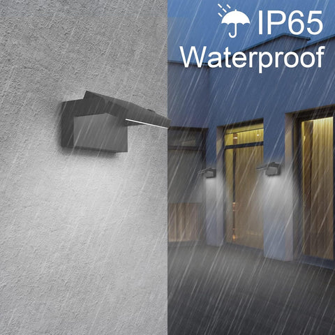Outdoor light fixture on a textured wall with rain effect and 'IP65 Waterproof' text.