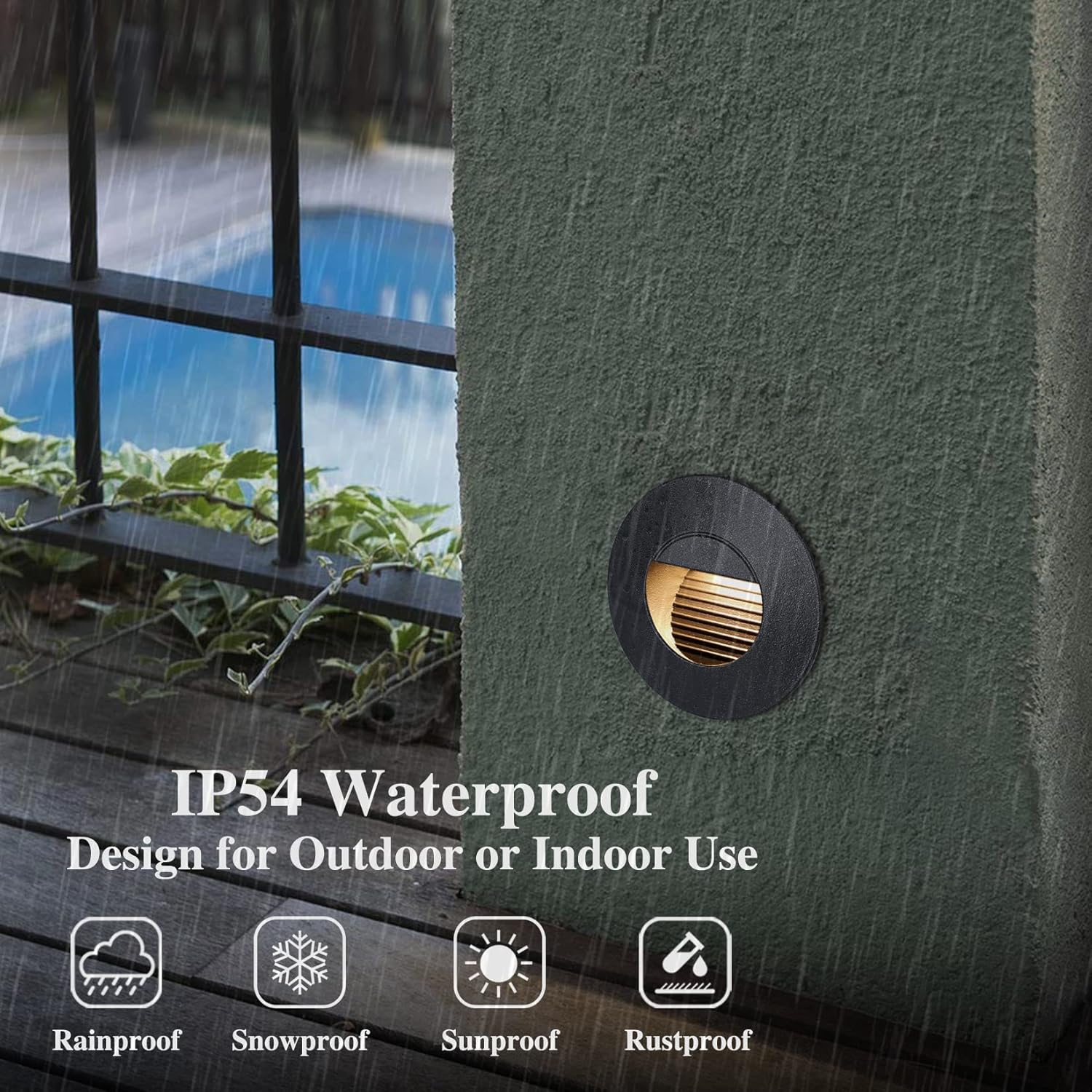 Outdoor light fixture on a wall with rainproof, snowproof, sunproof, and rustproof features highlighted.