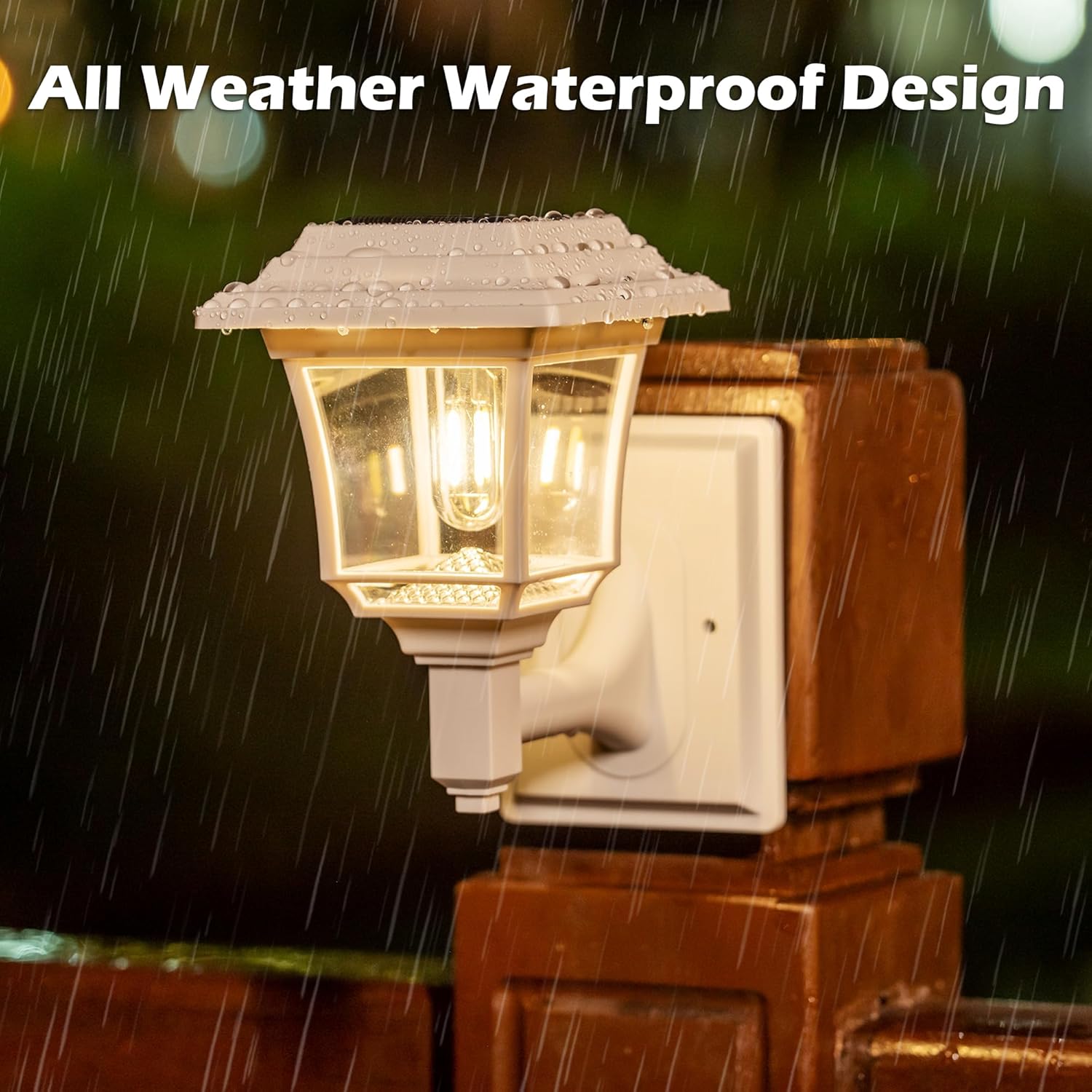 Outdoor light fixture with 'All Weather Waterproof Design' text in a rain scene.