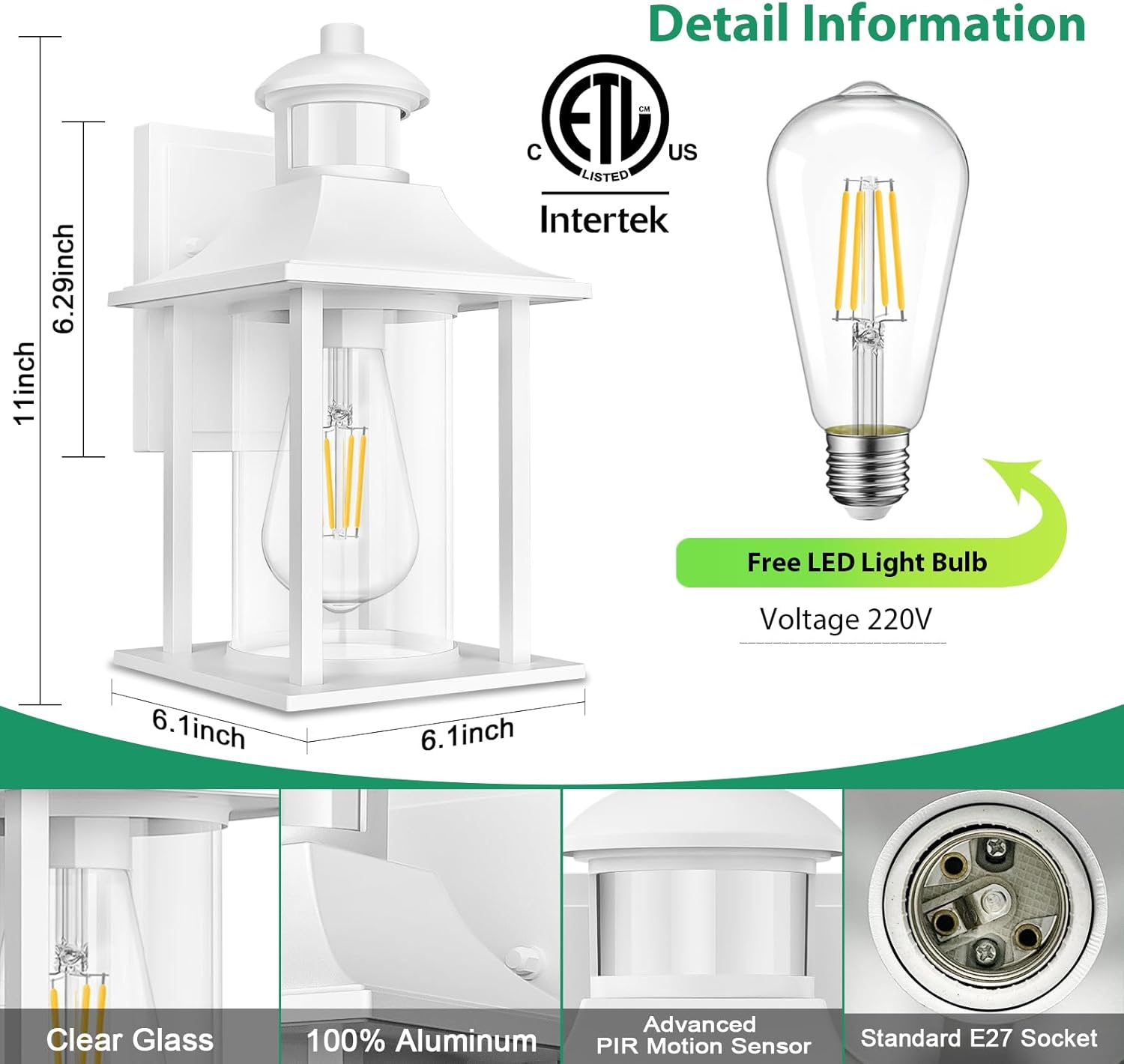 Outdoor light fixture with dimensions, LED bulb, and certification logos on a white background