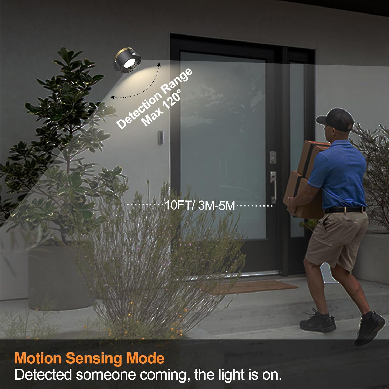 Outdoor light fixture with motion sensing mode feature, showing a person approaching a door.