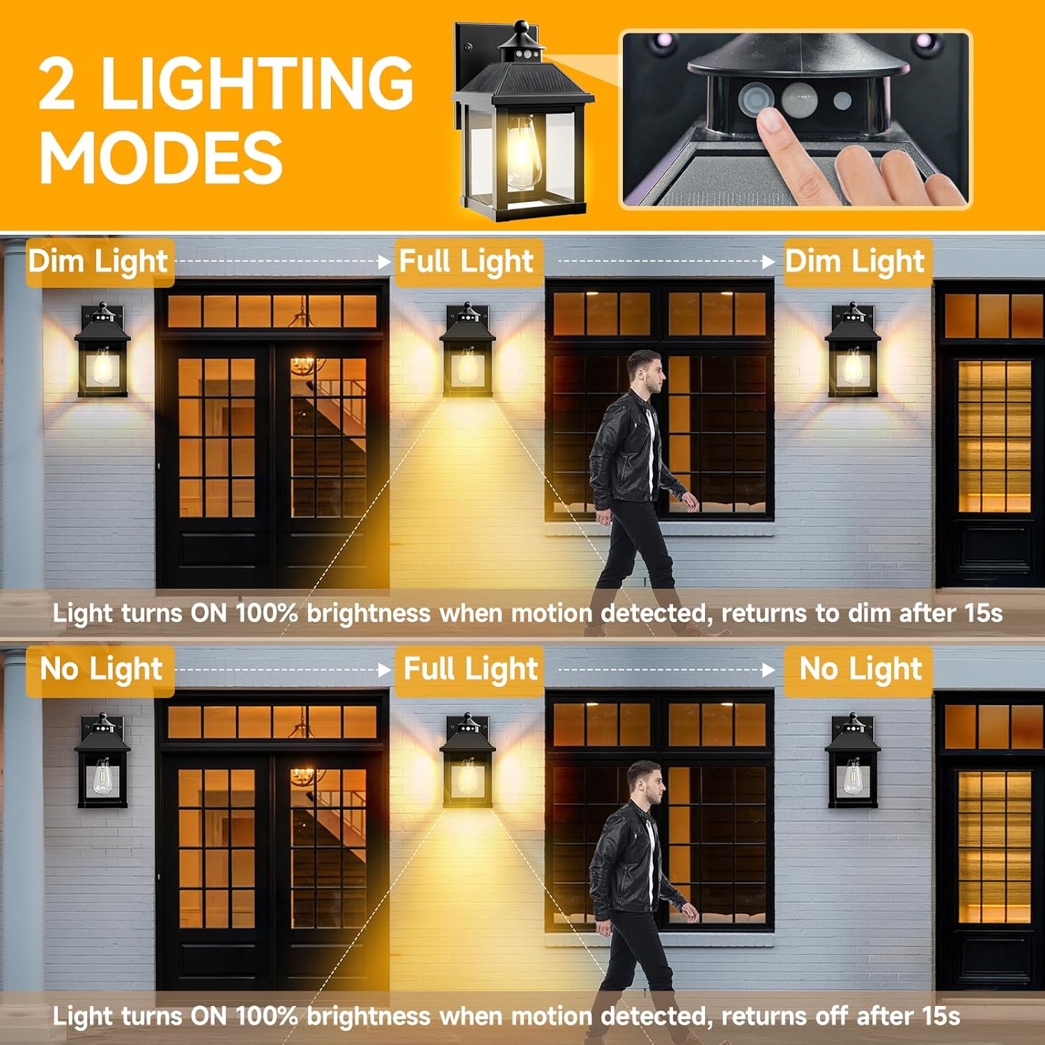 Outdoor light fixture with motion sensor showing two lighting modes on a gray wall background.