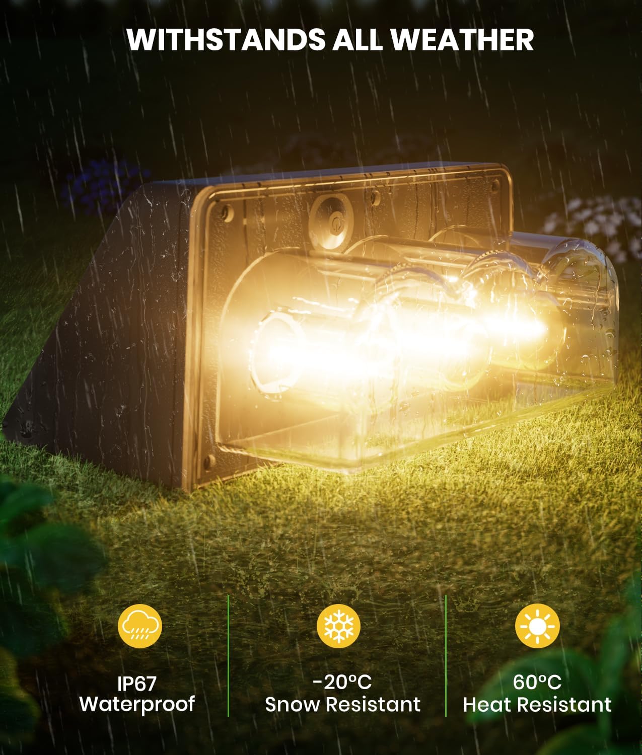 Outdoor light fixture with rain cover on grass, labeled 'Withstands All Weather' with temperature and waterproof ratings.