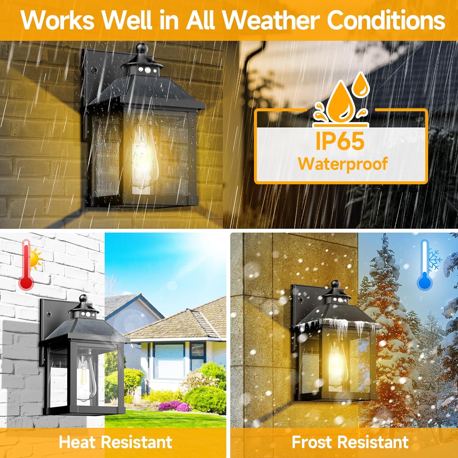 Outdoor light fixture with rain, heat, and frost resistance features on a yellow background.