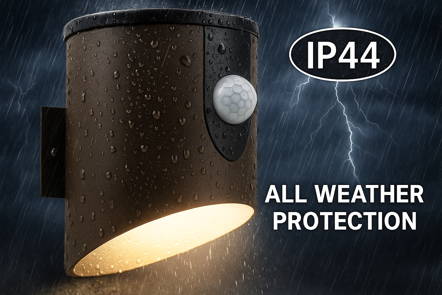 Outdoor light fixture with raindrops and 'IP44 All Weather Protection' text on a dark background