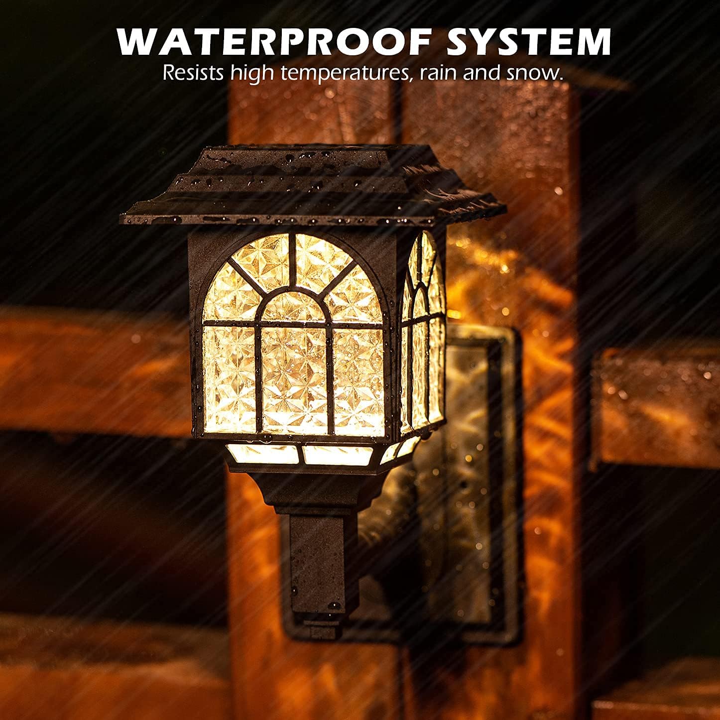 Outdoor light fixture with waterproof system text on a dark background