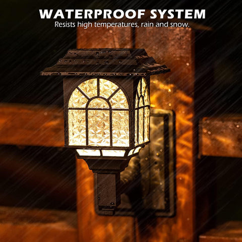 Outdoor light fixture with waterproof system text on a dark background