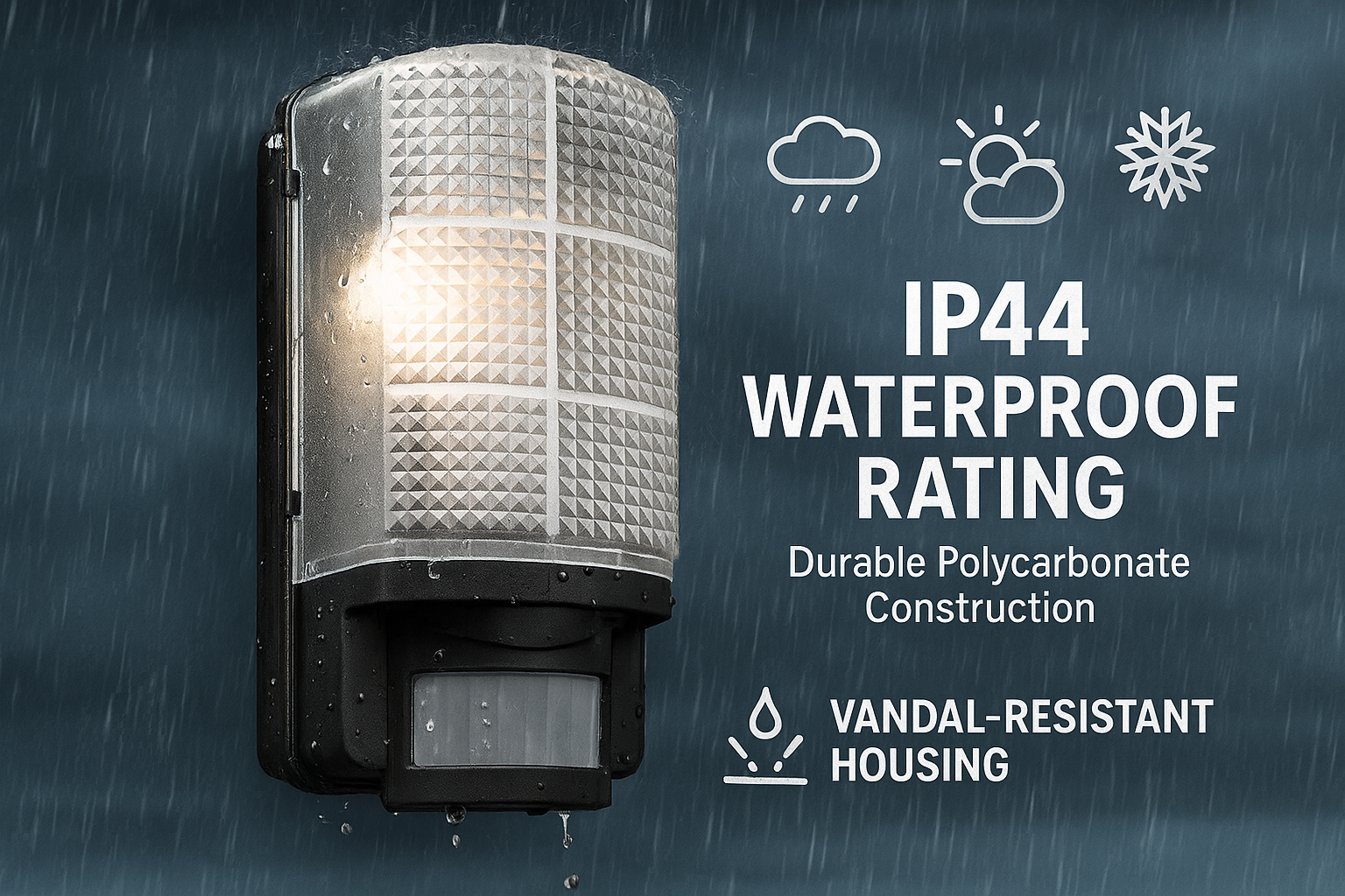 Outdoor light fixture with waterproof rating features on a dark background