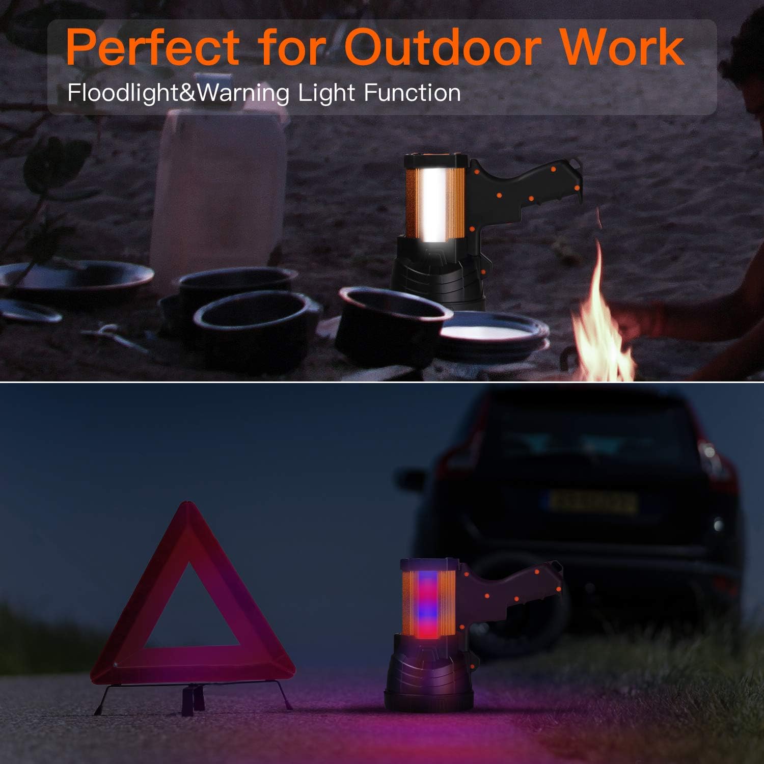 Outdoor light with floodlight and warning function used for camping and emergency situations.