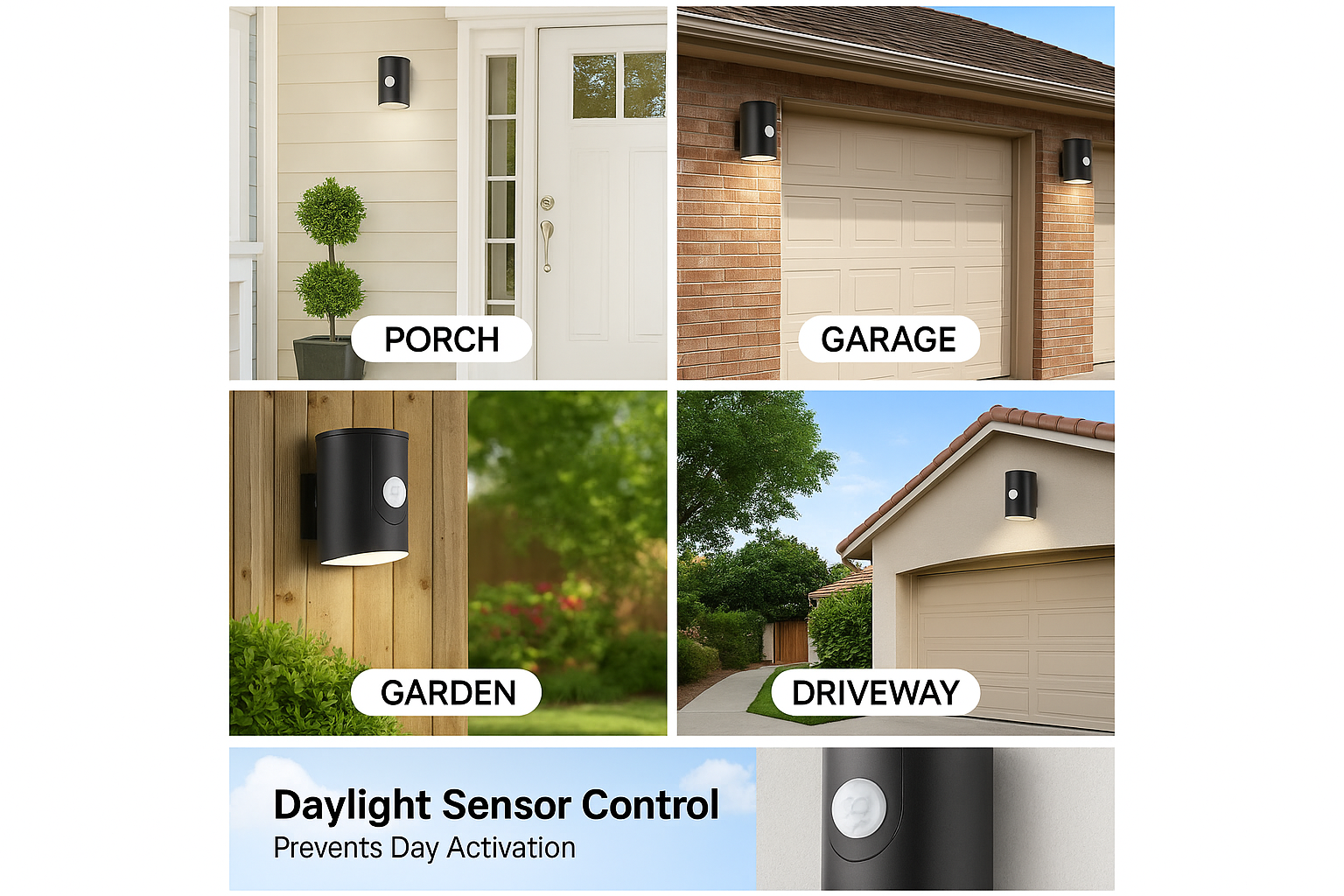 Outdoor lighting fixtures in various locations with labeled uses.
