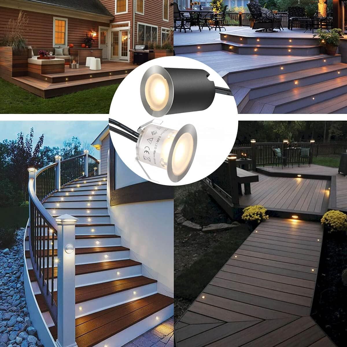 Outdoor lighting fixtures on a deck and stairs with close-up of light bulbs.