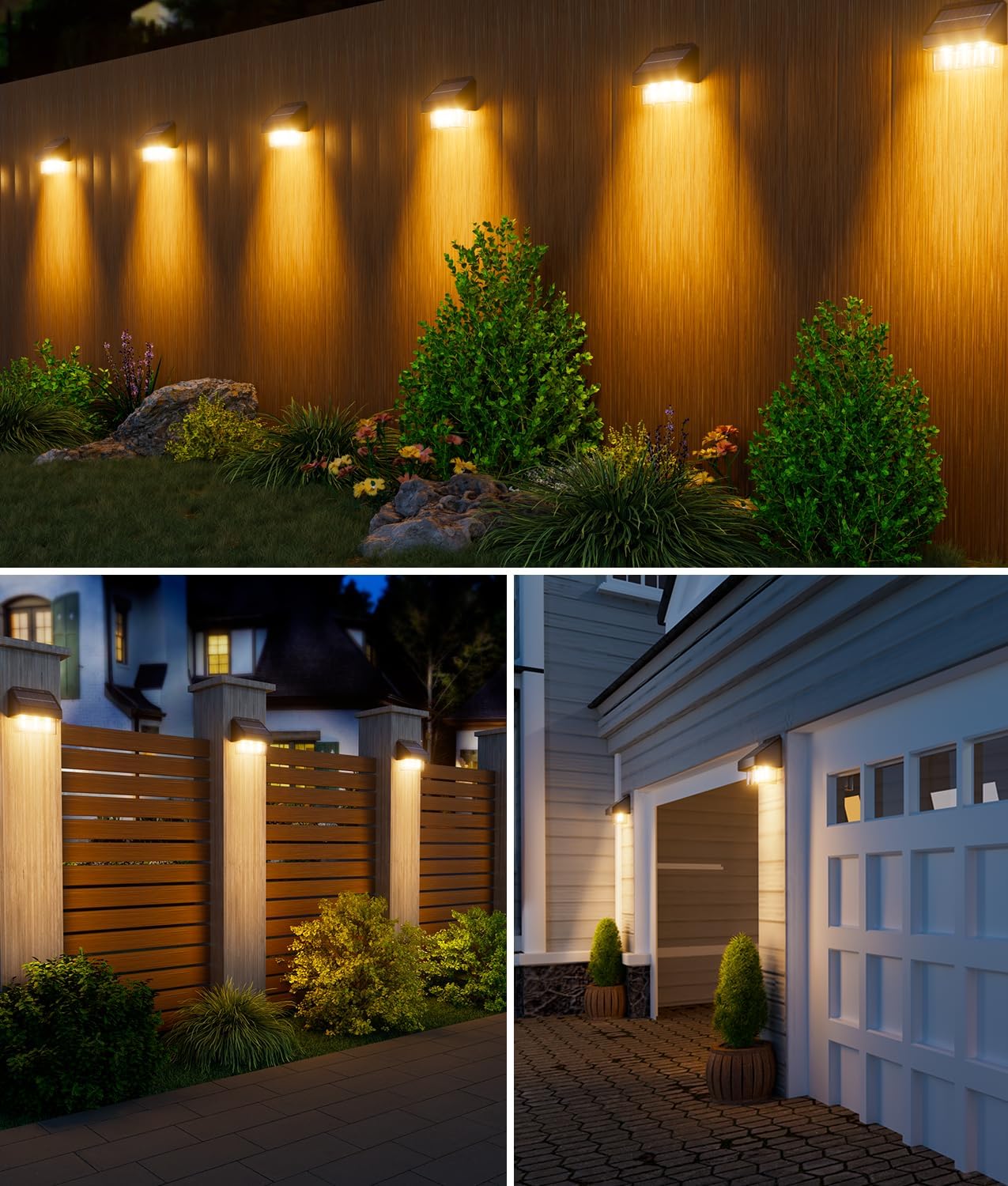 Outdoor lighting fixtures on a wooden wall, garden, and garage.