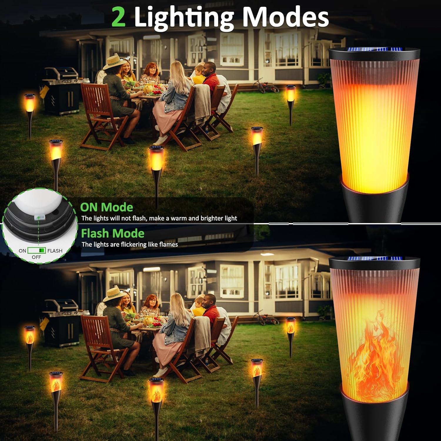 Outdoor lighting modes with people sitting around a table in a garden setting.