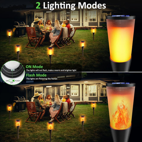 Outdoor lighting modes with people sitting around a table in a garden setting.
