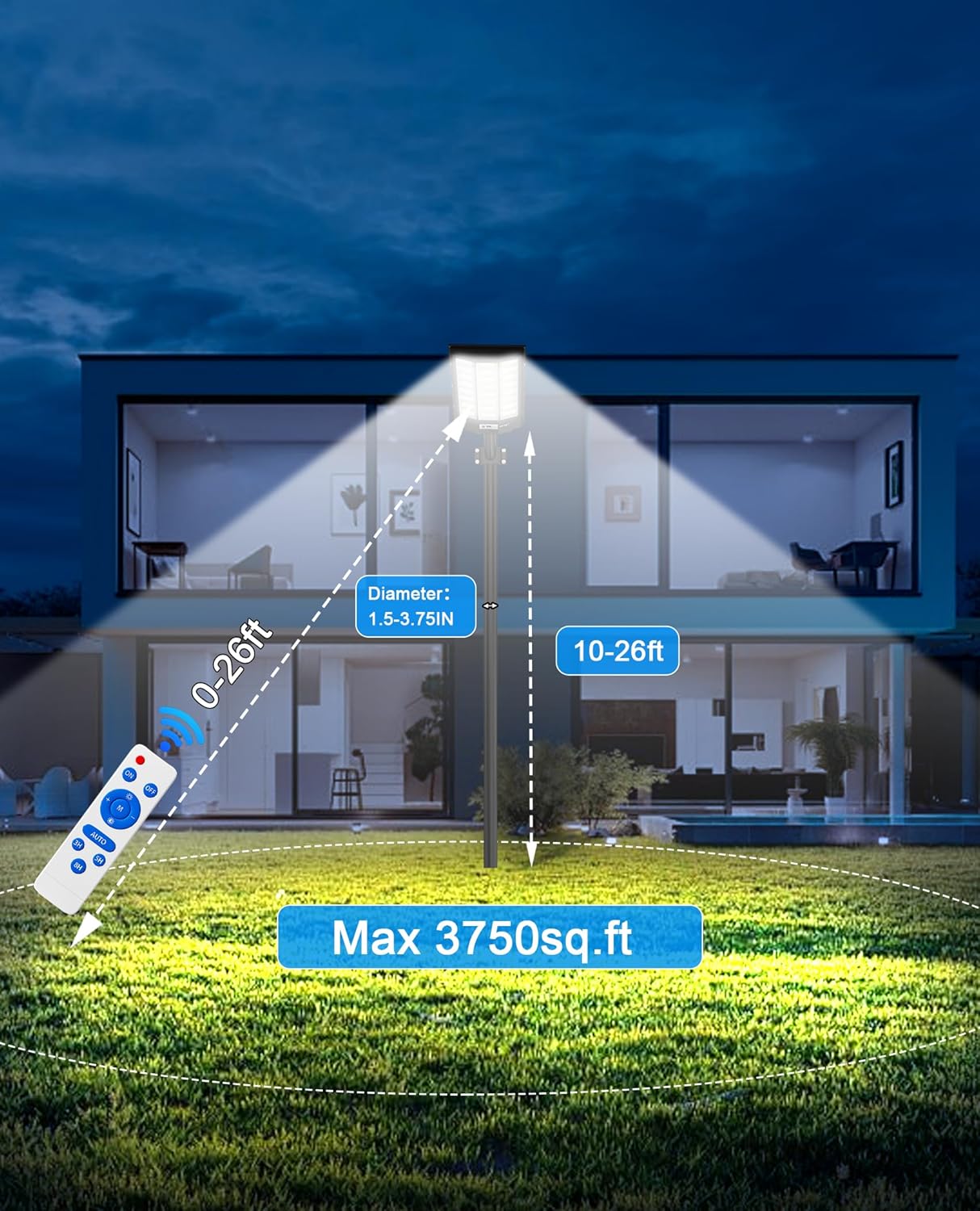 Outdoor lighting system with a house in the background, showing light projection and remote control.