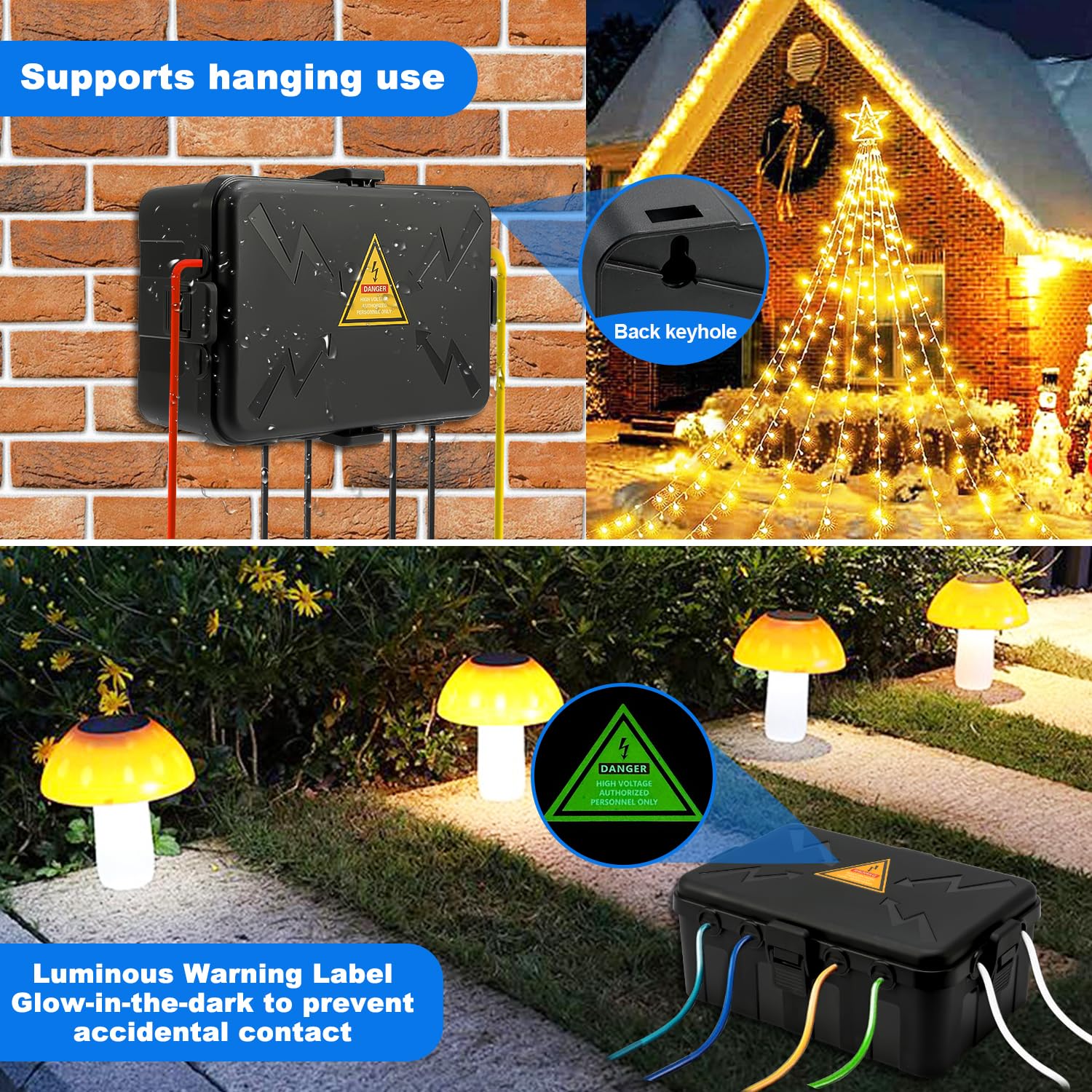 Outdoor lighting system with mushroom lamps and warning labels on a brick wall and garden setting.
