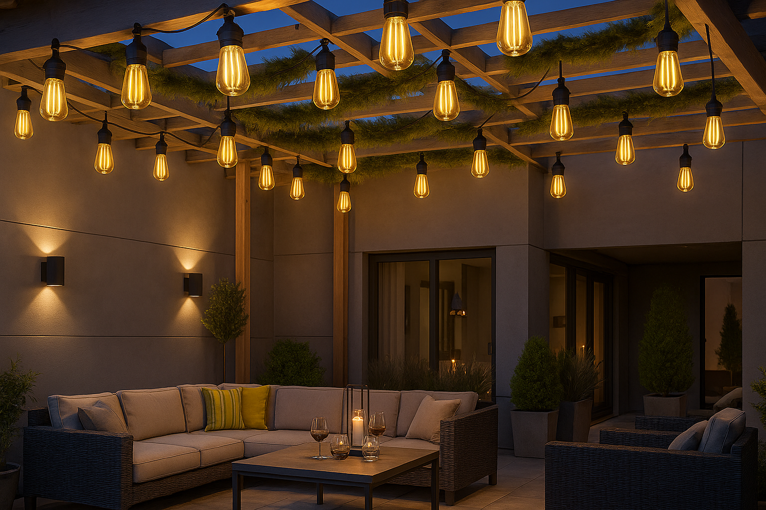 Outdoor patio area with string lights and a cozy seating area.