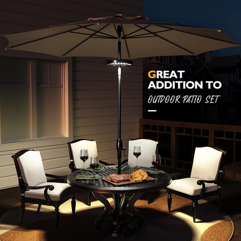 Outdoor patio set with table, chairs, and umbrella at night.
