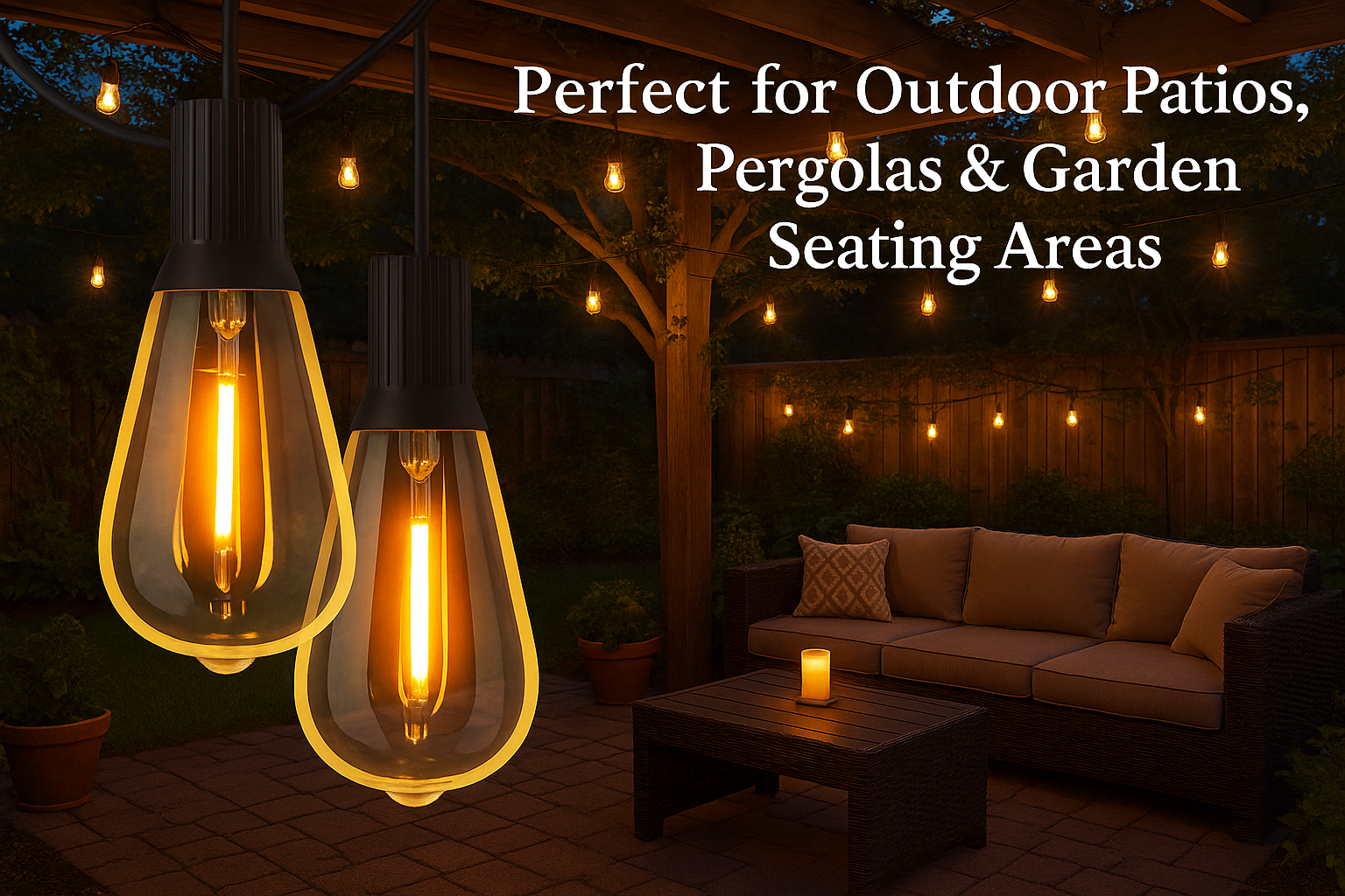 Outdoor patio setting with hanging light bulbs and a couch, text indicating suitability for outdoor areas.
