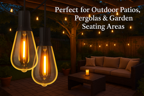 Outdoor patio setting with hanging light bulbs and a couch, text indicating suitability for outdoor areas.