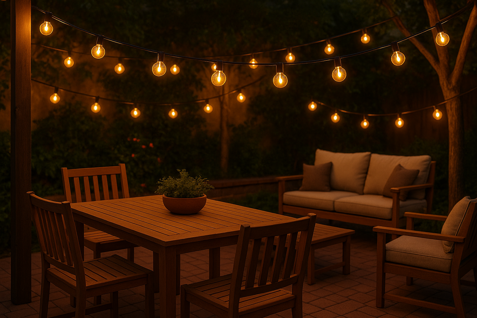 Outdoor patio setting with wooden table, chairs, and sofa under string lights at night.