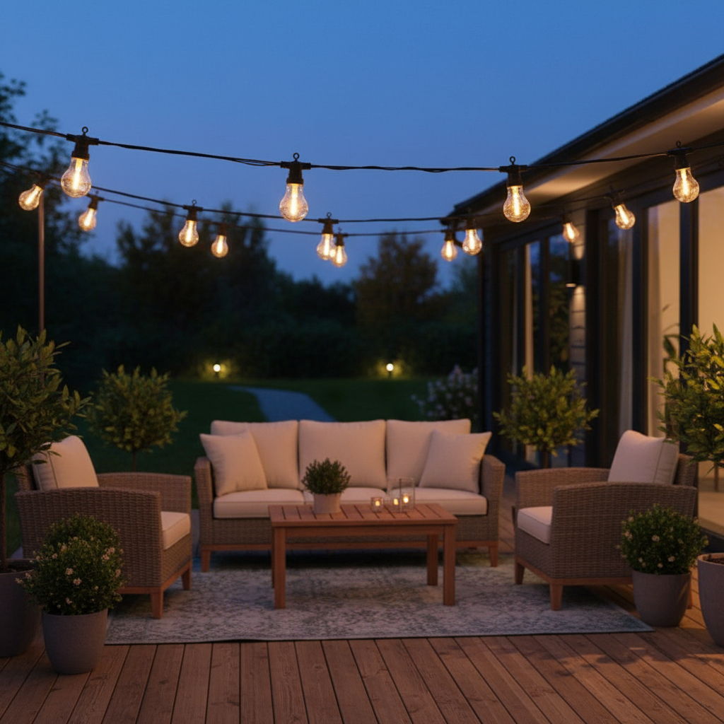 Outdoor patio setup with string lights and furniture at night
