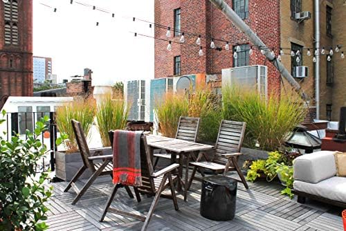 Outdoor patio with furniture, plants, and a view of city buildings