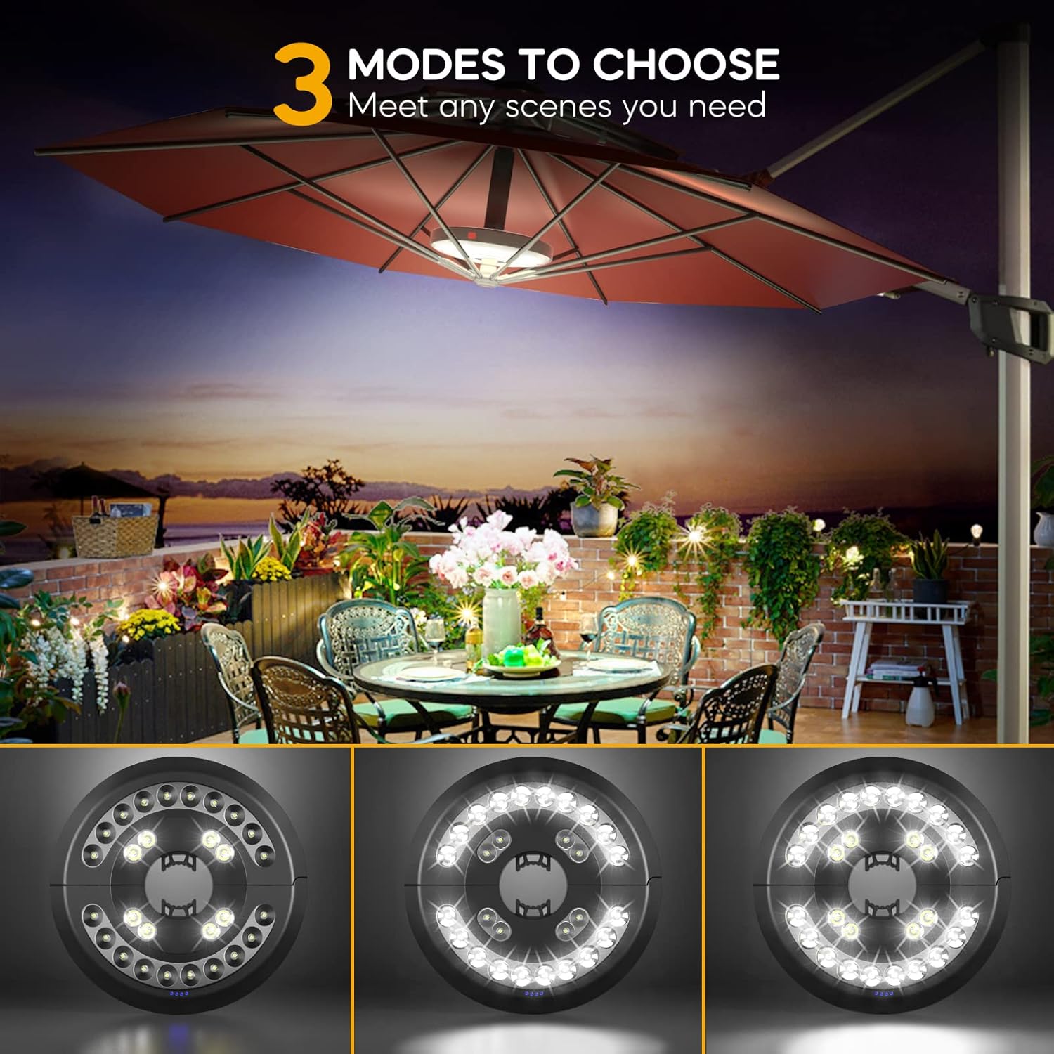 Outdoor patio with illuminated umbrella and three light mode illustrations.