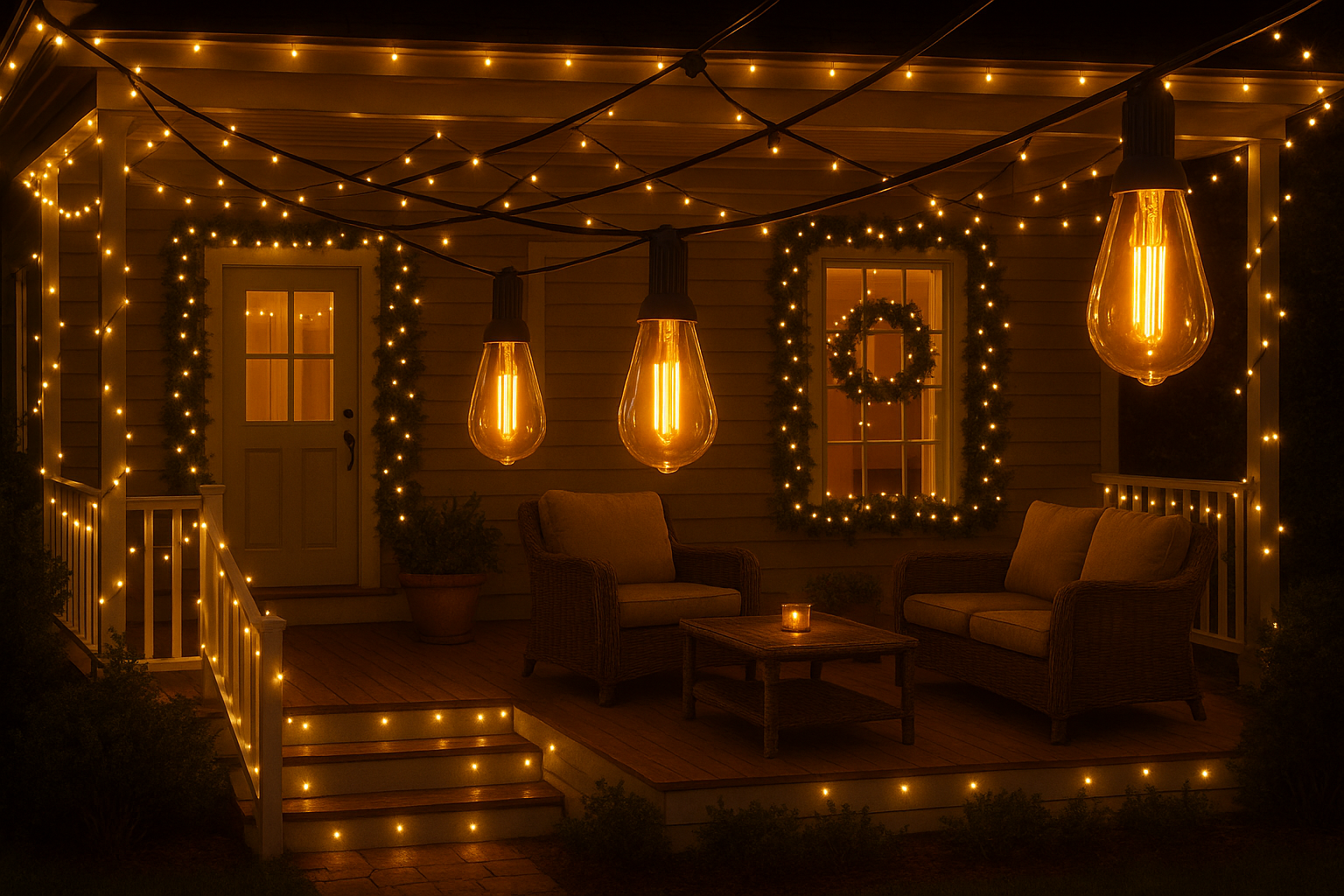 Outdoor patio with string lights and decorative bulbs on a dark evening.