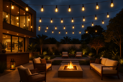 Outdoor patio with string lights and fire pit at night