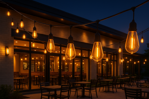 Outdoor patio with string lights and tables at night