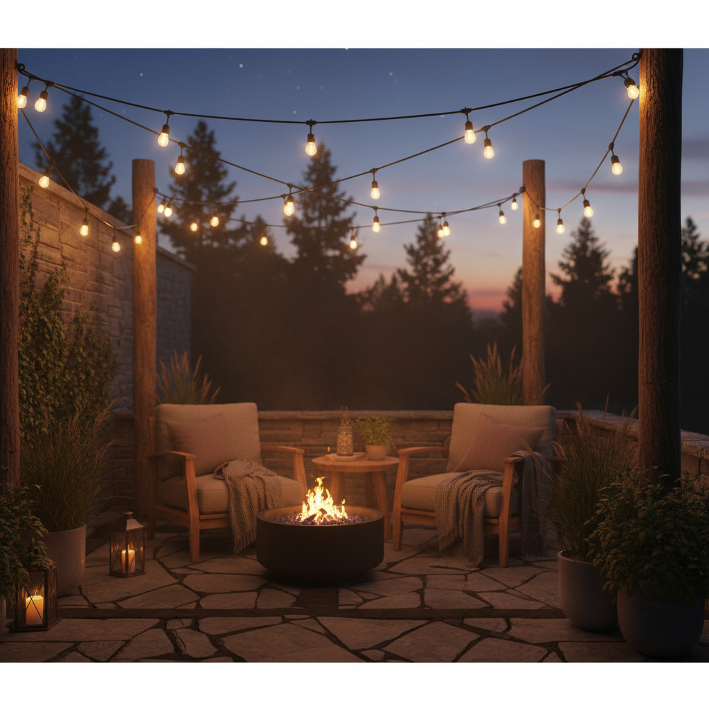 Outdoor patio with string lights, chairs, and a fire pit at dusk.