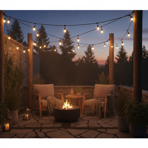 Outdoor patio with string lights, chairs, and a fire pit at dusk.