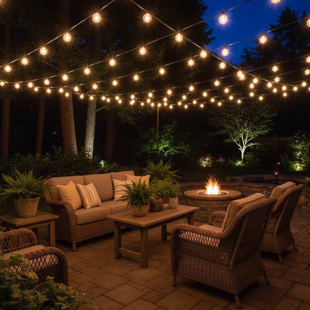 Outdoor patio with string lights, furniture, and a fire pit at night.